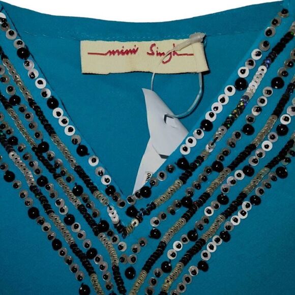Mimi Singh Womens Dress‎ Sz Small Turquoise Silk Chiffon Beaded Asymmetrical Hem - Picture 8 of 11